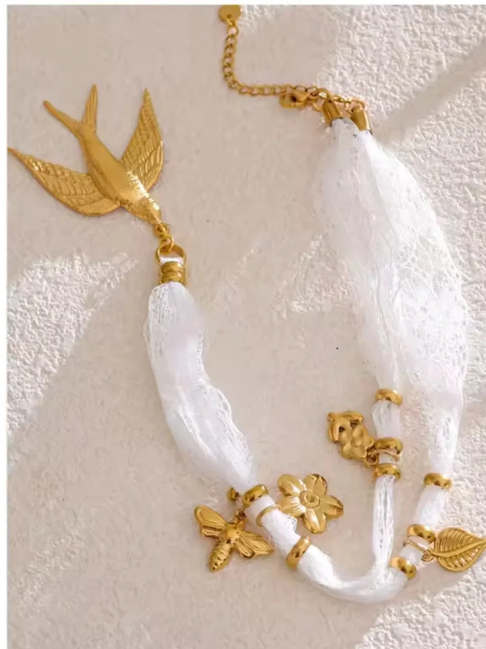 Gold Bird Charm White Lace Necklace